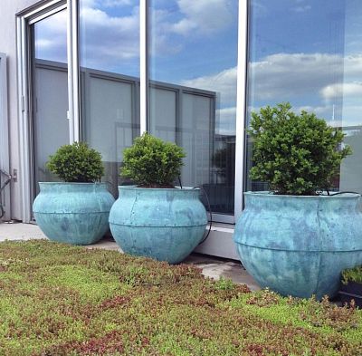 Bell Jar Fiberglass Round Beaten Copper Planter Pot In/Out