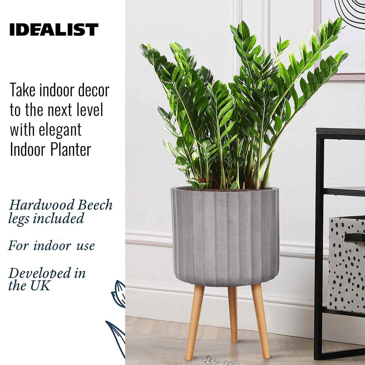 IDEALIST Lite Modern Ribbed Cylinder Planter on Legs, Round Pot Plant Stand Indoor