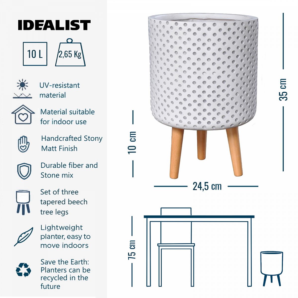 IDEALIST Lite Dotted Style Planter on Legs, Round Plant Pot Indoor