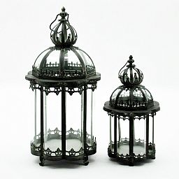Set of 2 Metal Ornament Garden Dark Silver Lanterns by Minster