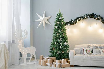 XMMS Edinburgh Artificial Slim Christmas Tree with Tree Skirt & Cotton Gloves Pine Green Needles