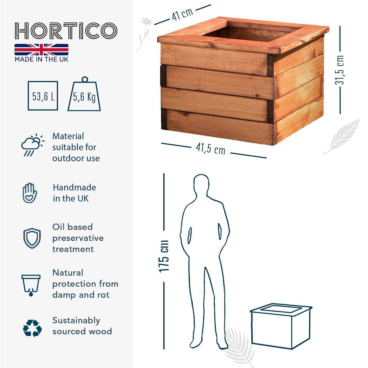 Rustic Scandinavian Redwood Square Outdoor Planter Made in UK by HORTICO
