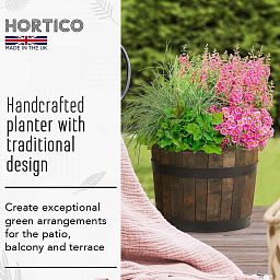 Rustic Upcycled Oak Wood Round Tub Half Barrel Outdoor Planter Made in UK by HORTICO
