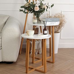 Froppi Small Round Coffee Table for Living Room White Wood Cocktail Table on Natural Bamboo Frame