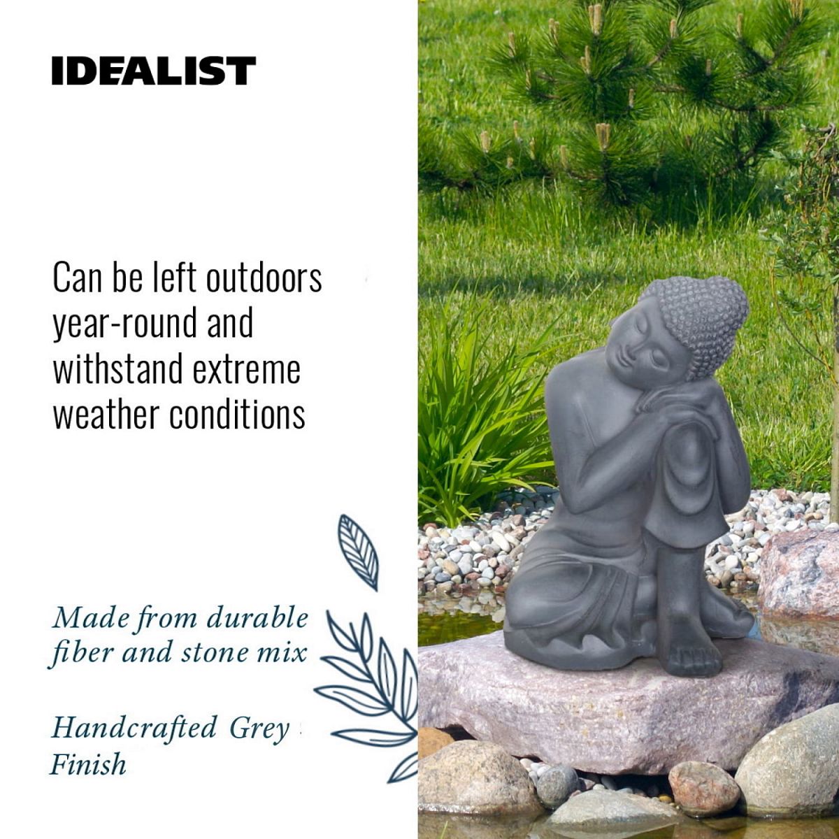 Resting Buddha Grey Outdoor Statue by Idealist Lite L27.5 W24.5 H35.5 cm