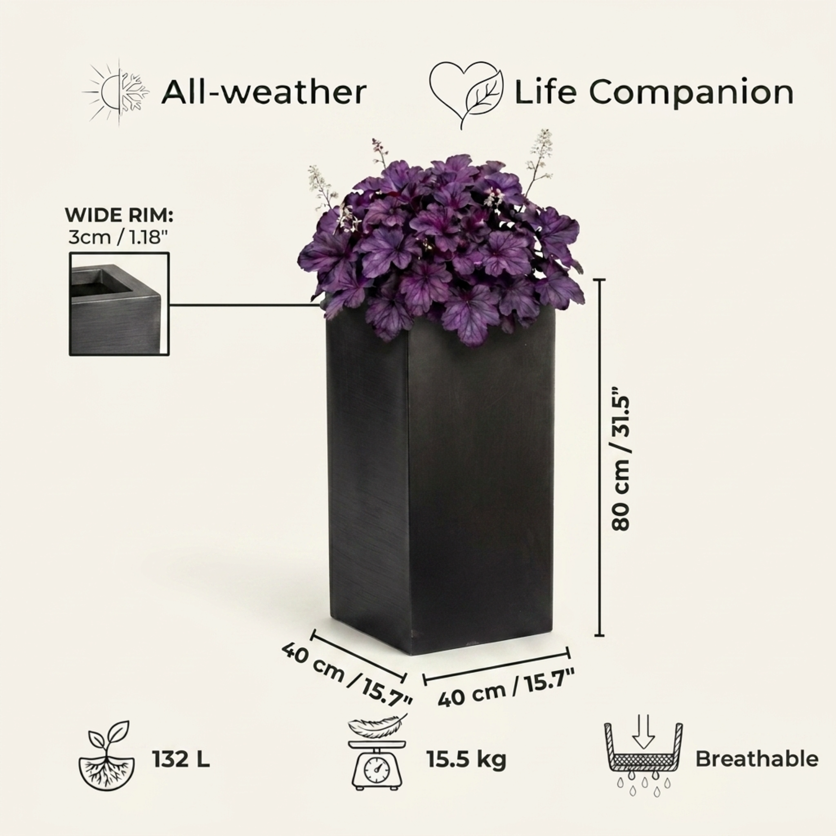 IDEALIST Lite Tall Square Contemporary Light Concrete Planter