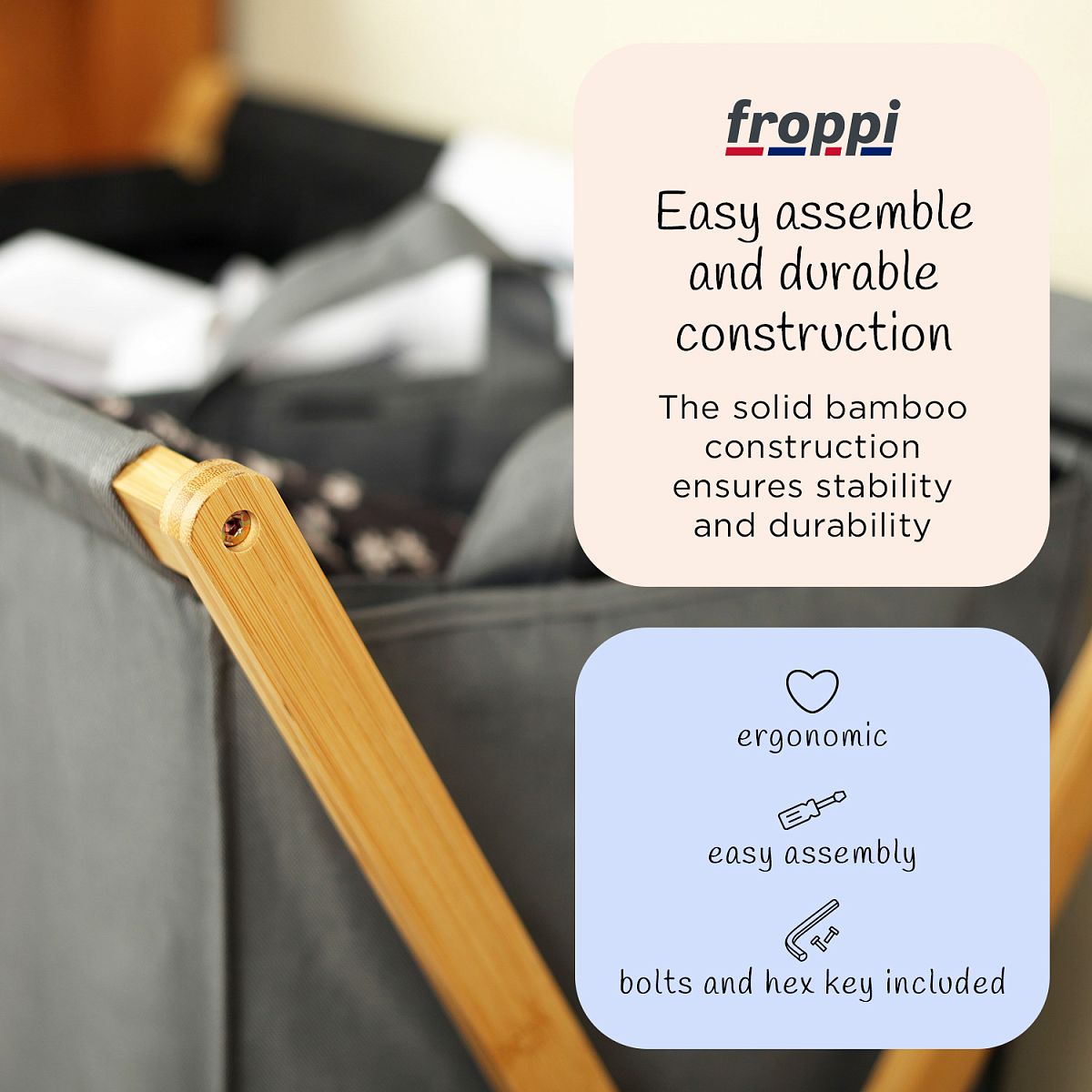 Froppi Collapsible Laundry Basket with Bamboo Frame Large Washing Hamper with 3 Compartments