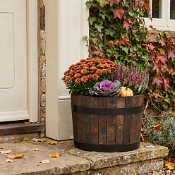 Rustic Upcycled Oak Wood Round Tub Half Barrel Outdoor Planter Made in UK by HORTICO