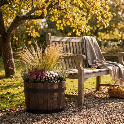 Rustic Upcycled Oak Wood Round Tub Half Barrel Outdoor Planter Made in UK by HORTICO