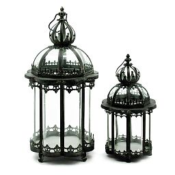 Set of 2 Metal Ornament Garden Dark Silver Lanterns by Minster