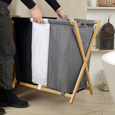Froppi Collapsible Laundry Basket with Bamboo Frame Large Washing Hamper with 3 Compartments