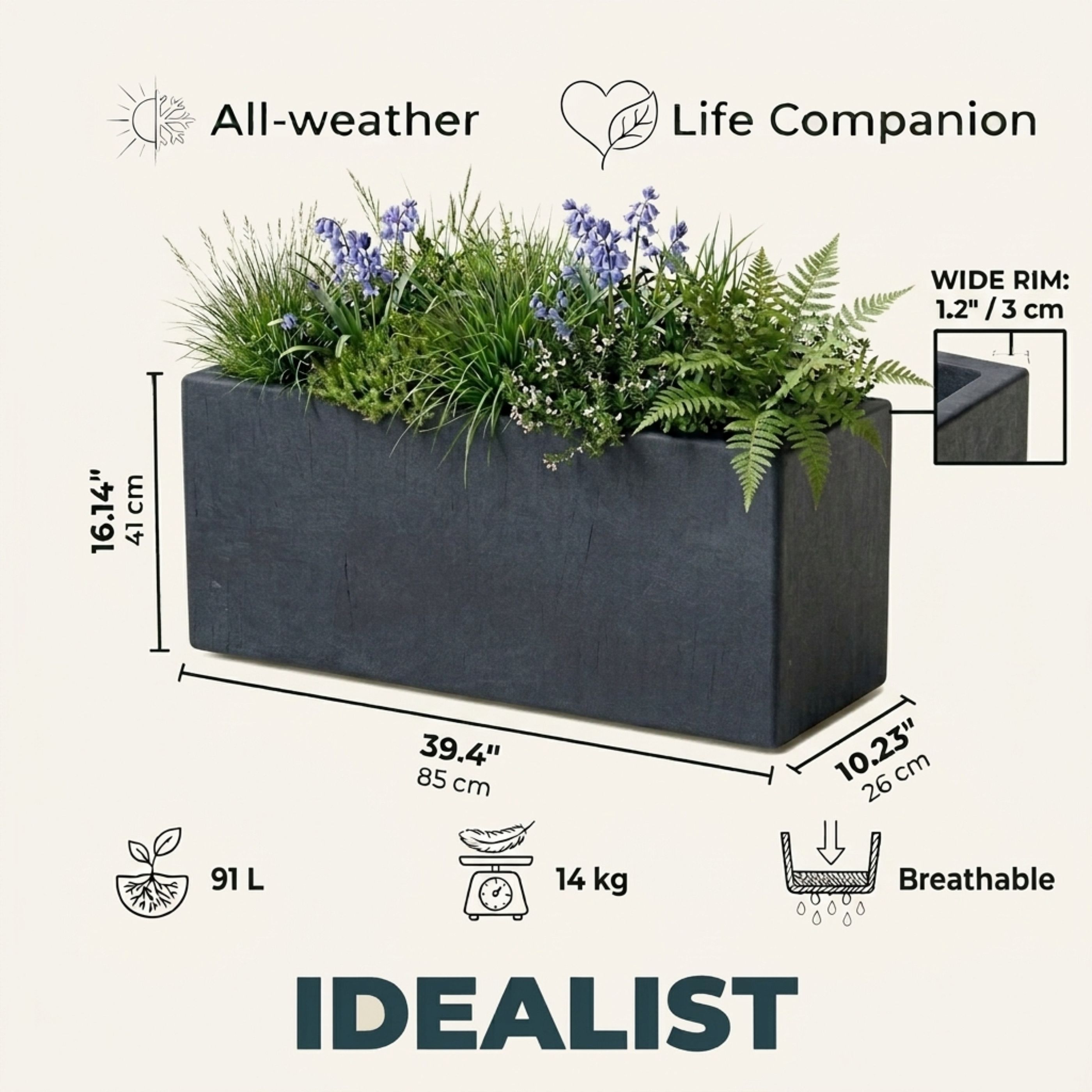 IDEALIST Lite Contemporary Light Concrete High Trough Planter