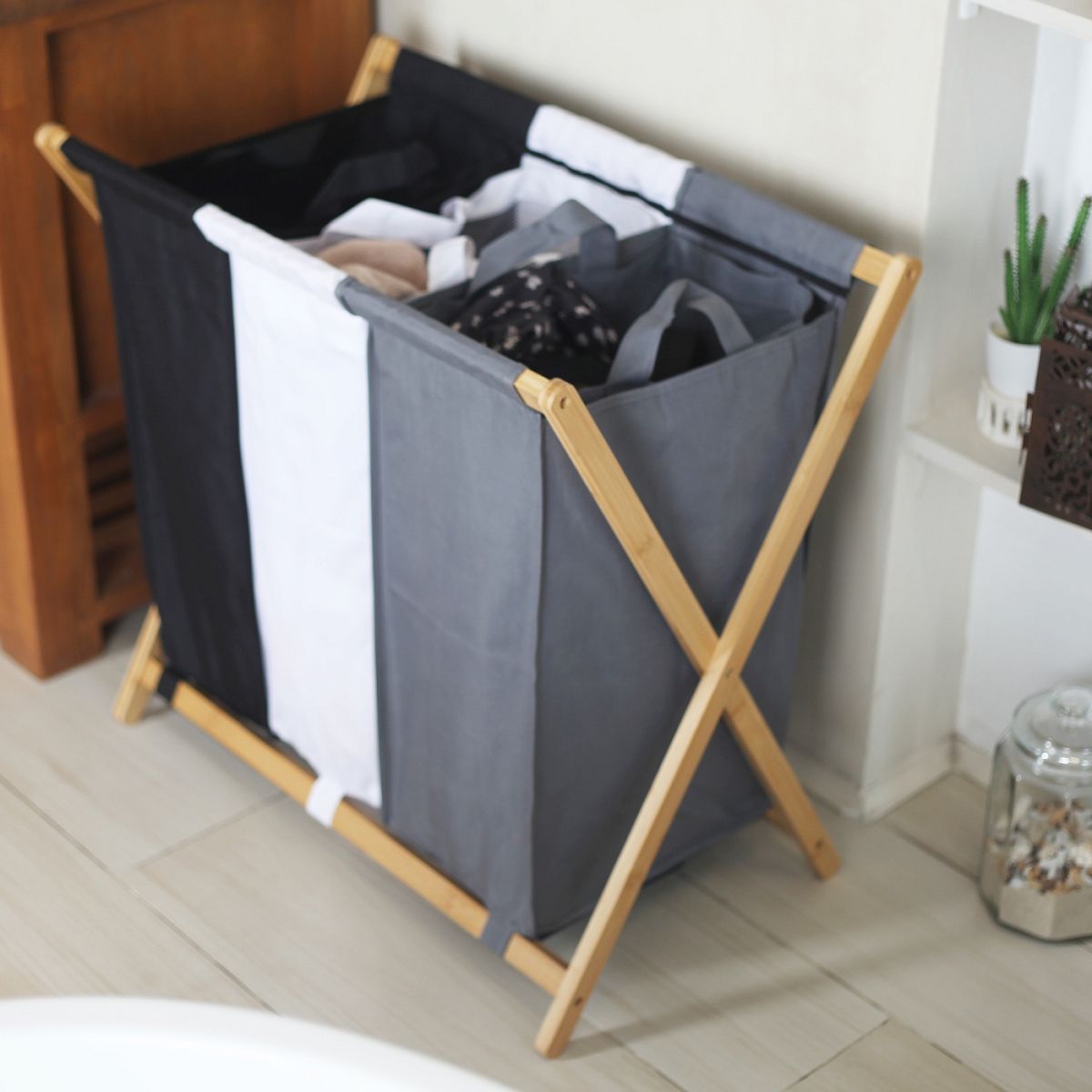 Froppi Collapsible Laundry Basket with Bamboo Frame Large Washing Hamper with 3 Compartments