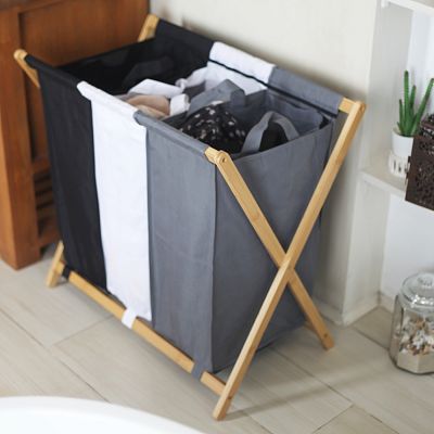 Froppi Collapsible Laundry Basket with Bamboo Frame Large Washing Hamper with 3 Compartments