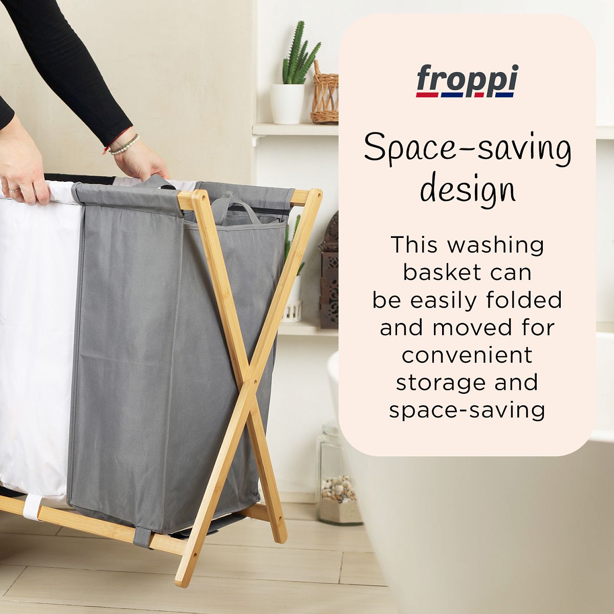 Froppi Collapsible Laundry Basket with Bamboo Frame Large Washing Hamper with 3 Compartments