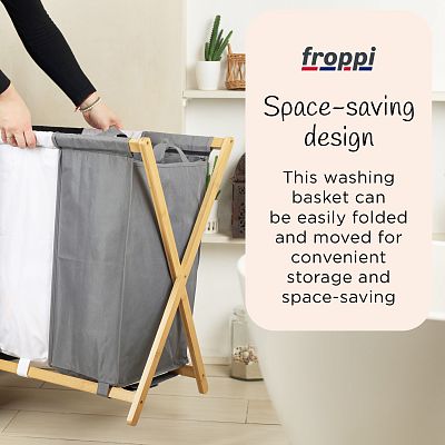 Froppi Collapsible Laundry Basket with Bamboo Frame Large Washing Hamper with 3 Compartments