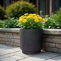 IDEALIST Lite Vertical Ribbed Black Cylinder Outdoor Planter D30 H30 c...