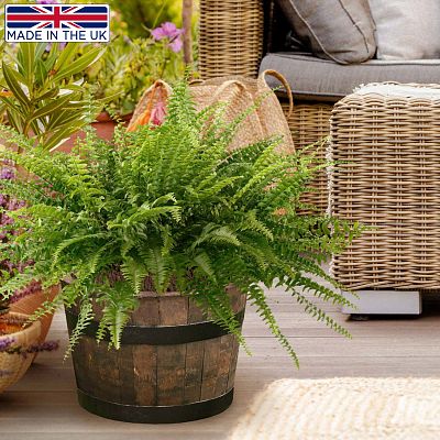 Rustic Upcycled Oak Wood Round Tub Half Barrel Outdoor Planter Made in UK by HORTICO