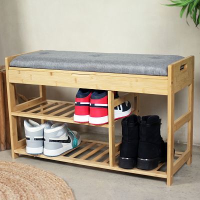Froppi Bamboo Shoe Storage Bench 2-Tier Wooden Shoe Shelf and Rack with Seat and Storage Box