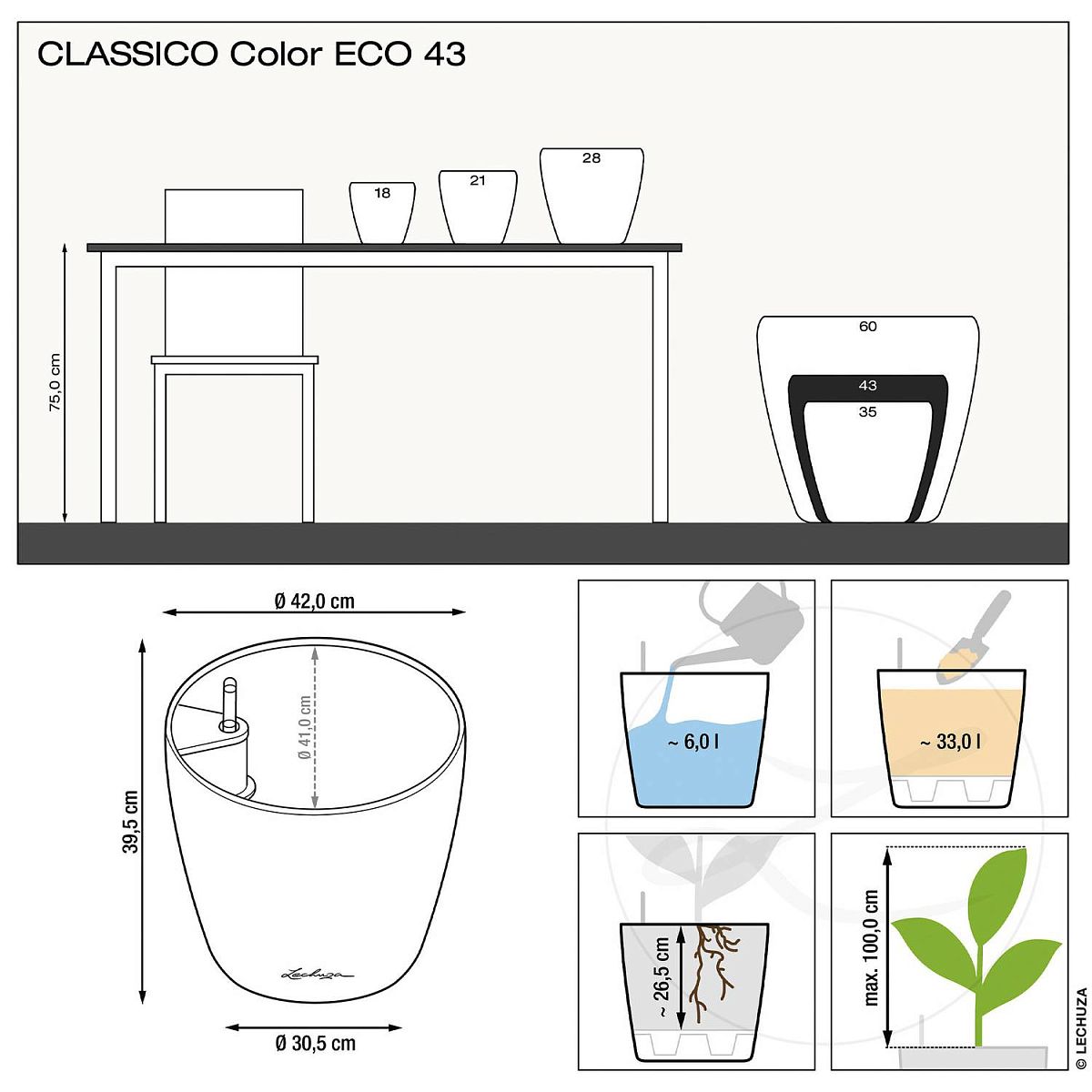 LECHUZA CLASSICO Color ECO Round PCR Plastic Self-watering Planter